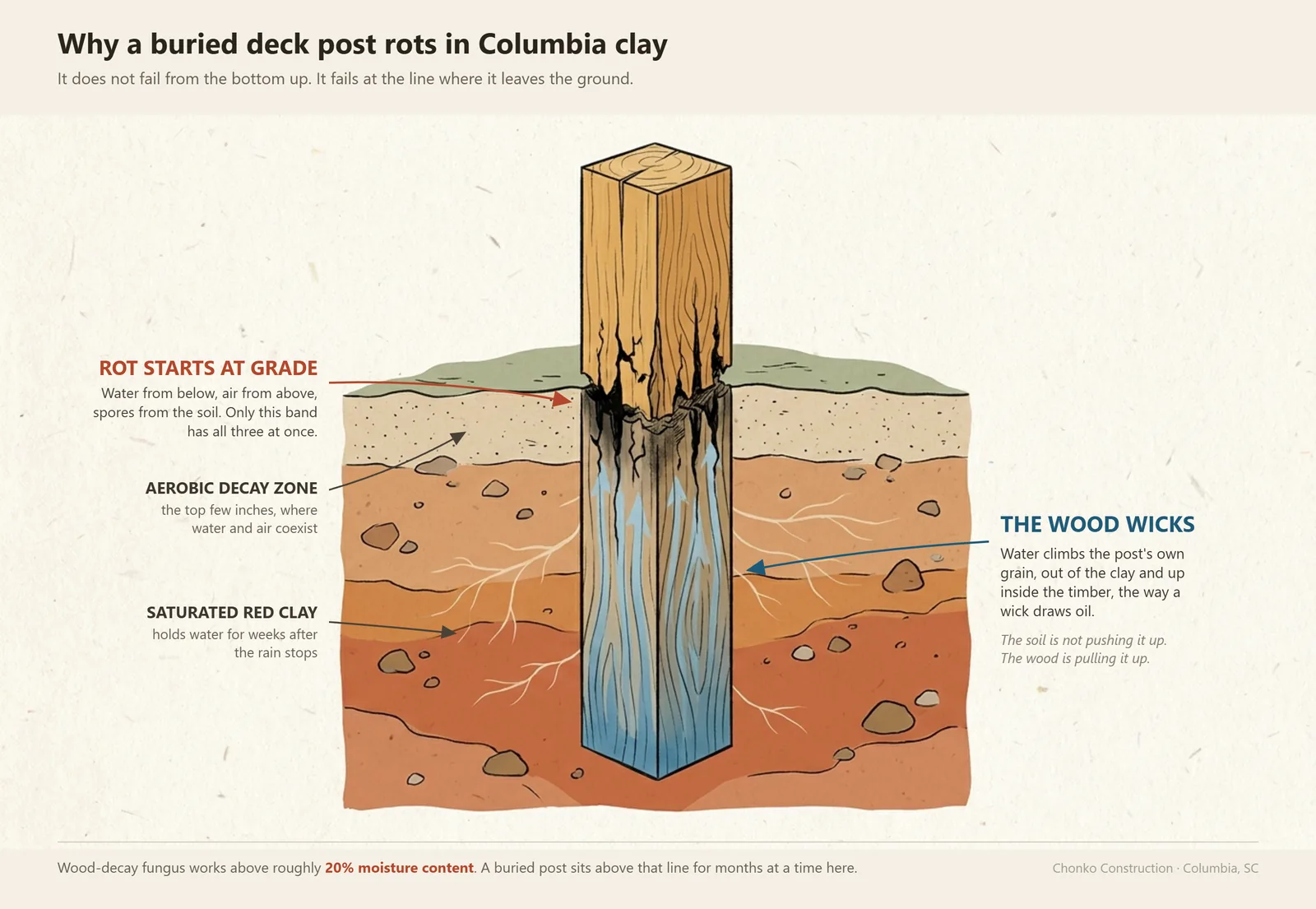Cross-section diagram showing why a buried deck post rots in Columbia red clay: capillary wicking pulls water up the post into the aerobic decay zone near the surface