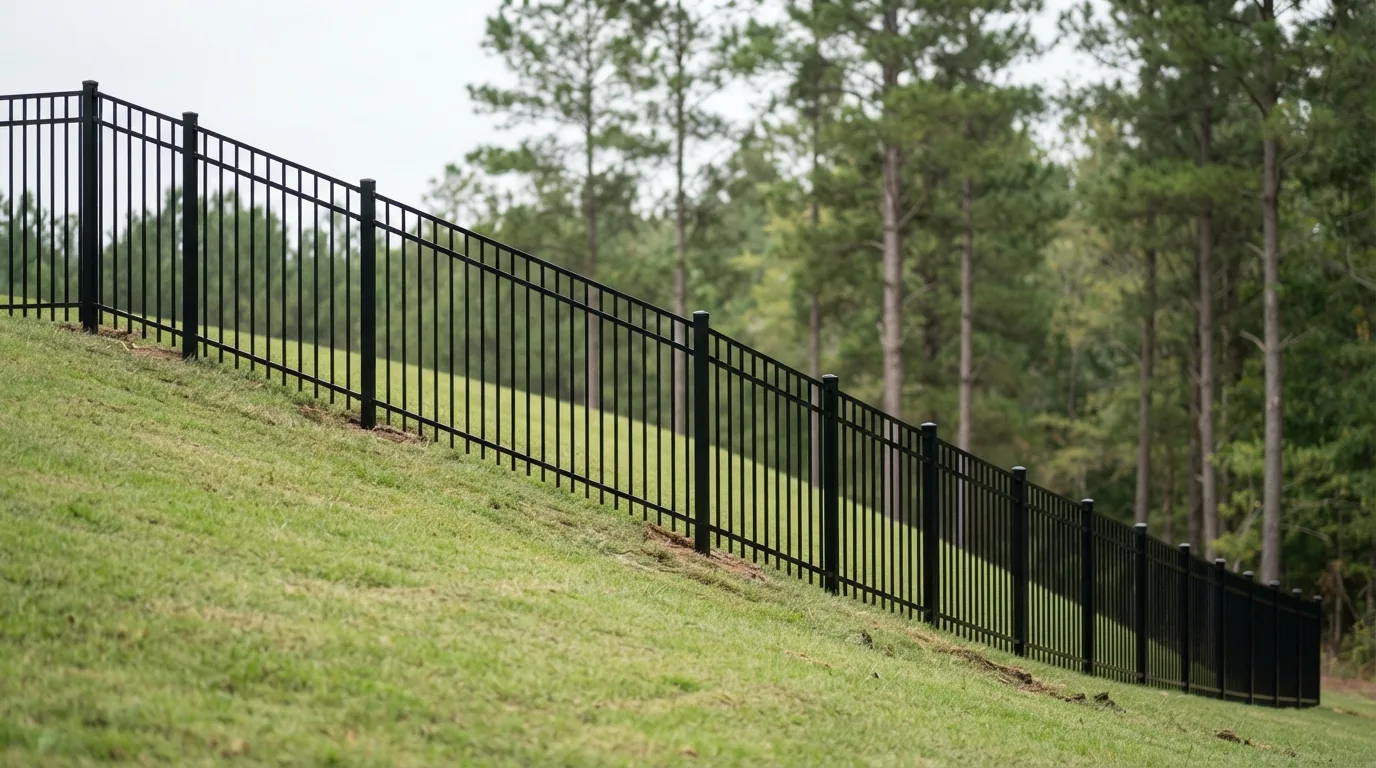 Black ornamental aluminum fence following the grade of a Midlands back yard