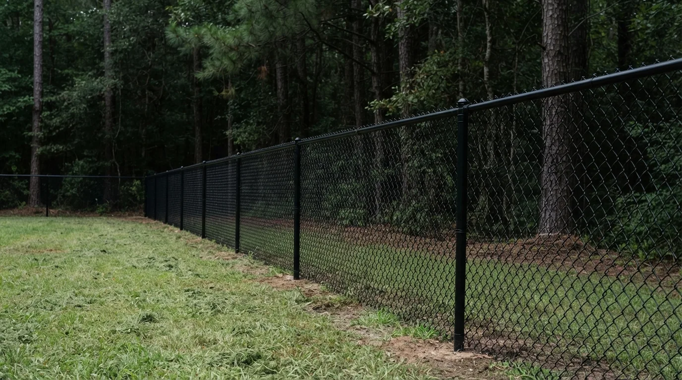 Black vinyl-coated chain-link fence along the back of a Midlands yard
