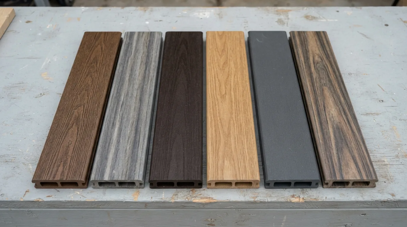 Six composite deck board samples in different colors and grain patterns laid side by side