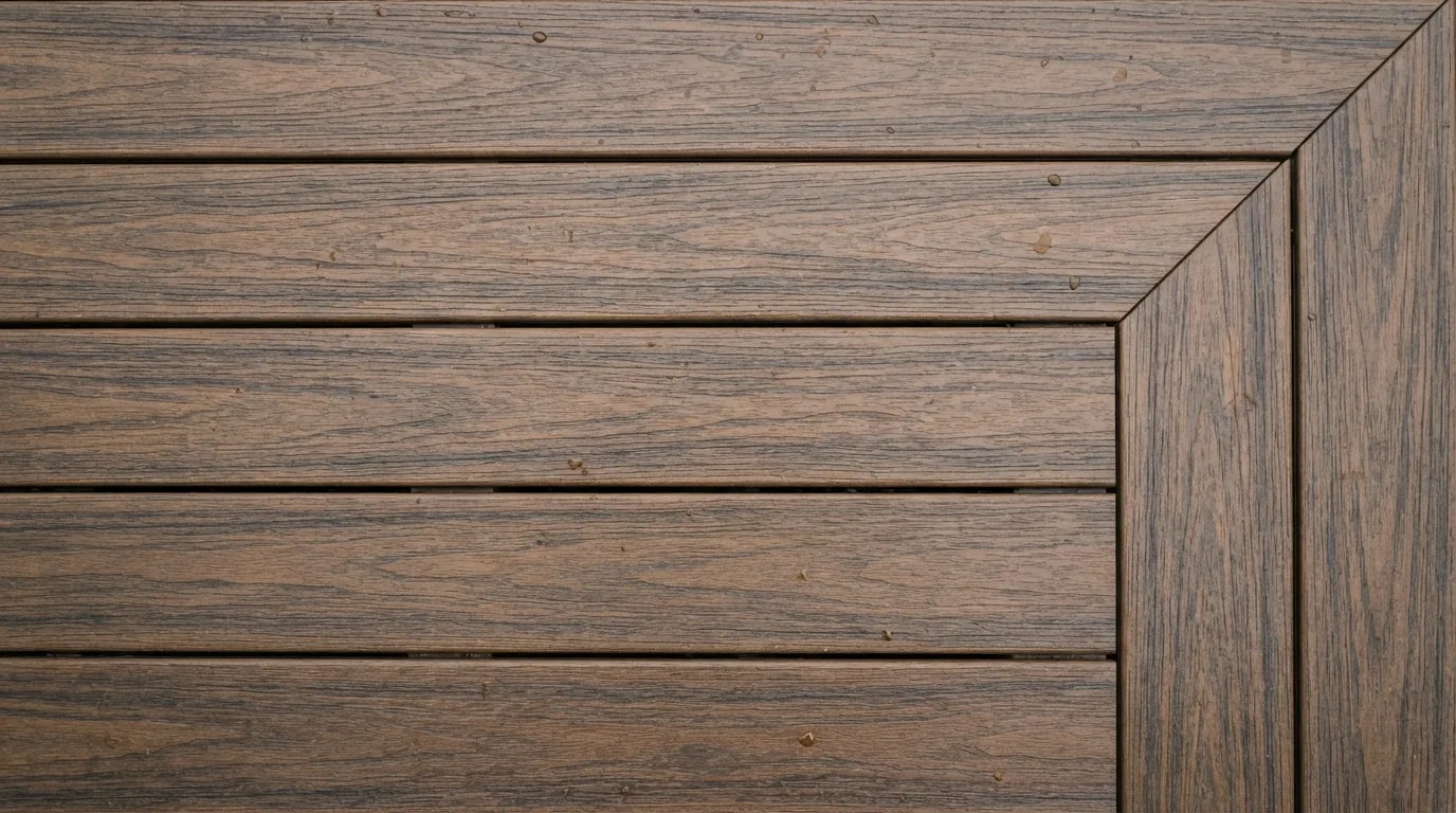 Close-up of a composite deck edge showing no visible screws and a matching fascia board covering the rim joist