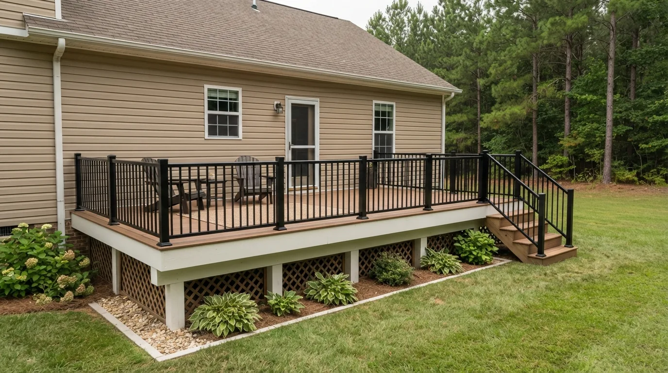 Black powder-coated aluminum railing on a composite deck, looking out over a wooded Midlands backyard