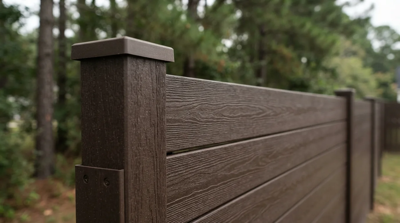 Close-up of a composite fence post cap and the horizontal composite boards meeting it, showing the embossed wood grain and the thickness of the board