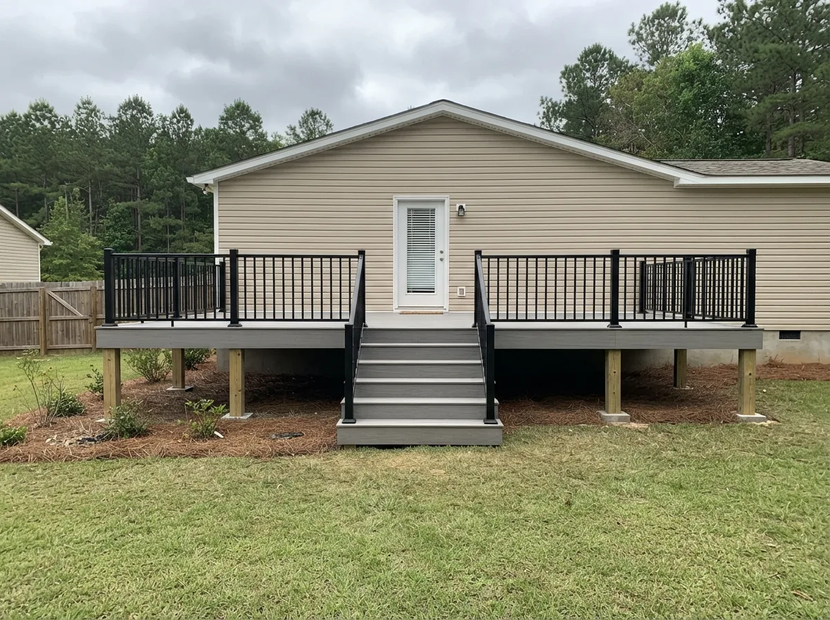 Composite deck on a Midlands house with black aluminum railing around it and steps down to the lawn