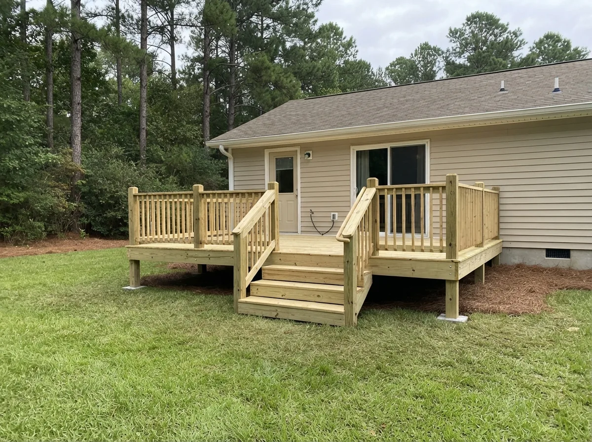 New pressure-treated wood deck with a wood railing and steps down to the lawn
