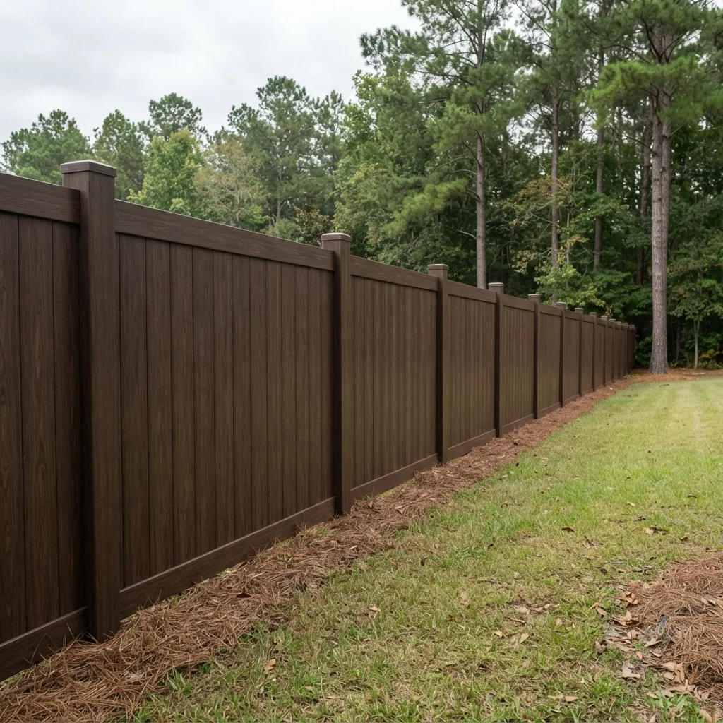 Six-foot composite privacy fence in a dark wood-grain finish running along the back of a Midlands yard