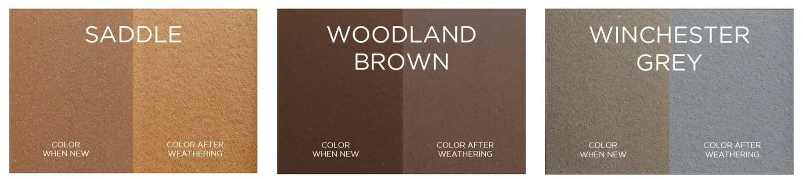 Trex composite fence colors Saddle, Woodland Brown and Winchester Grey, each shown new and after weathering