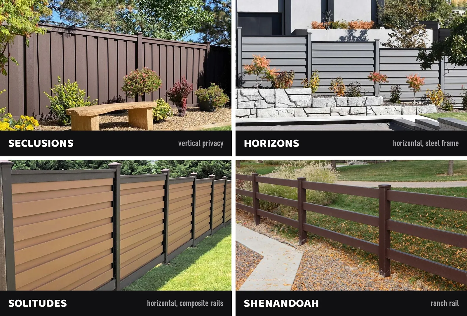 The four Trex composite fence lines: Seclusions vertical privacy, Horizons horizontal in a steel frame, Solitudes horizontal on composite rails, and Shenandoah ranch rail