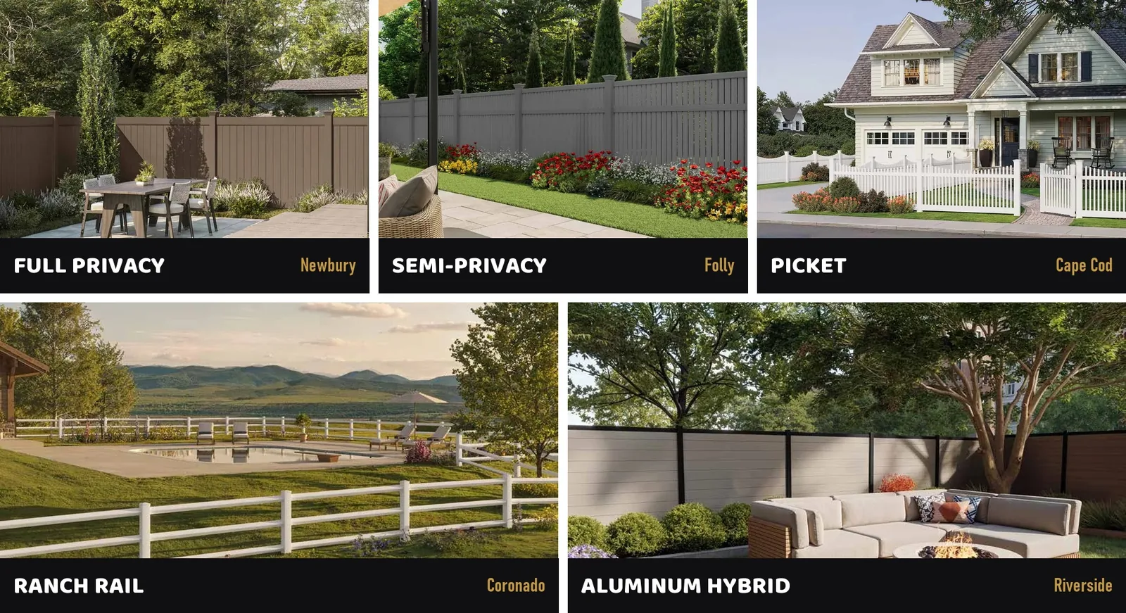 One example of each vinyl fence category: full privacy, semi-privacy, picket, ranch rail and an aluminum hybrid