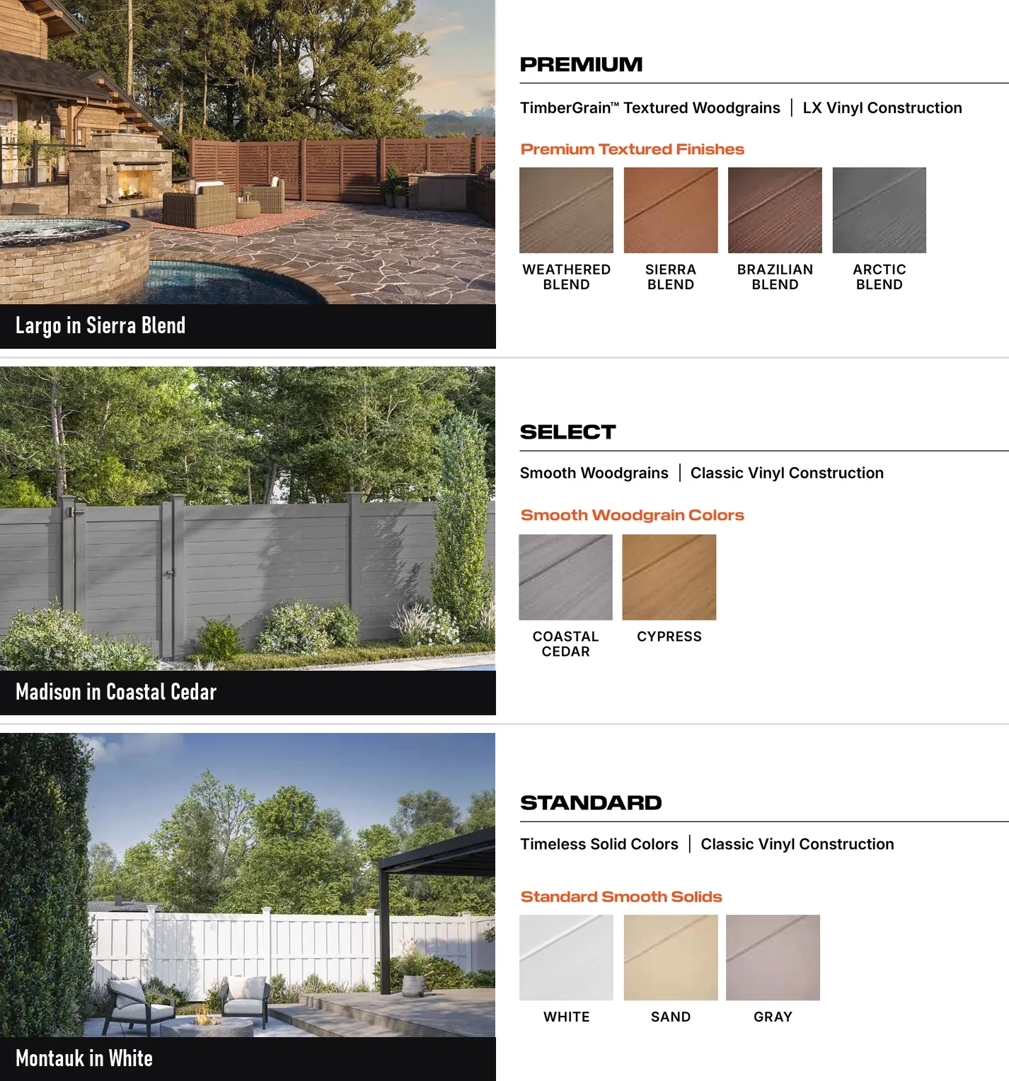 The three vinyl finish tiers with a fence example beside each: Premium TimberGrain textured woodgrain, Select smooth woodgrain, and Standard smooth solid, with the color chips for each