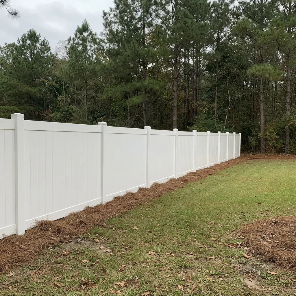 Six-foot white vinyl privacy fence running along the back of a Midlands yard