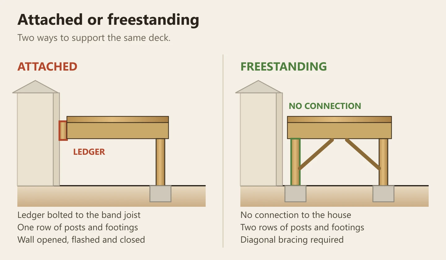 Section drawing comparing a deck attached by a ledger with a freestanding deck