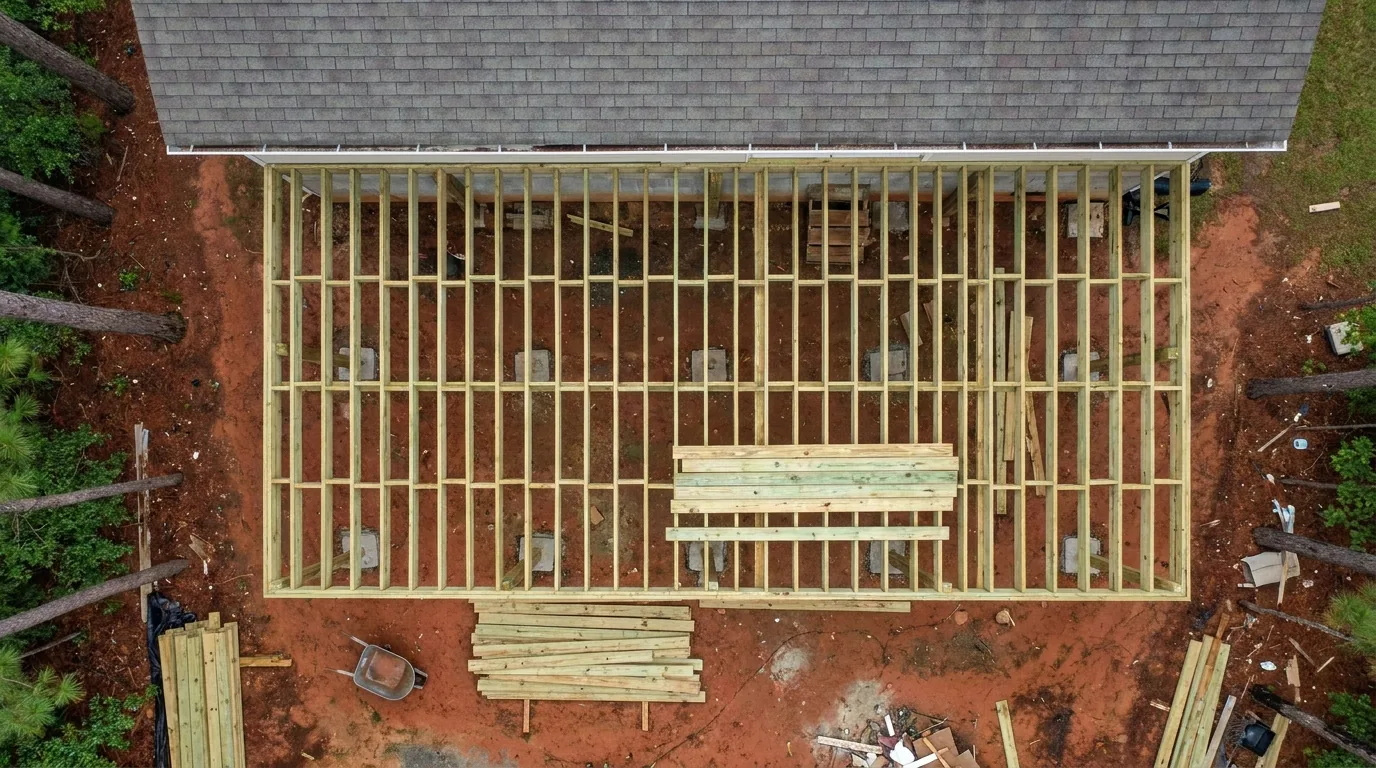 Aerial view of a pressure-treated deck frame built against the back of a Midlands house
