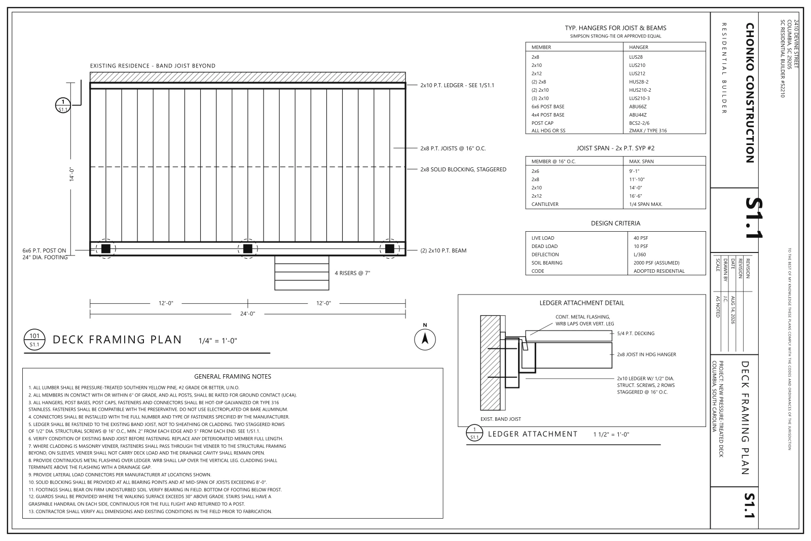 Deck blueprint showing the framing plan, joist layout, footings and structural notes