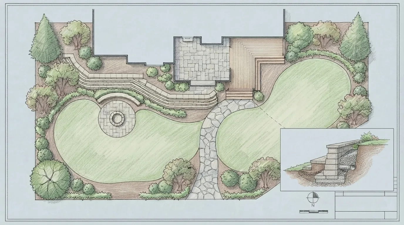 A blueprint sheet carrying a colored-pencil landscape design plan for a Columbia, SC back yard