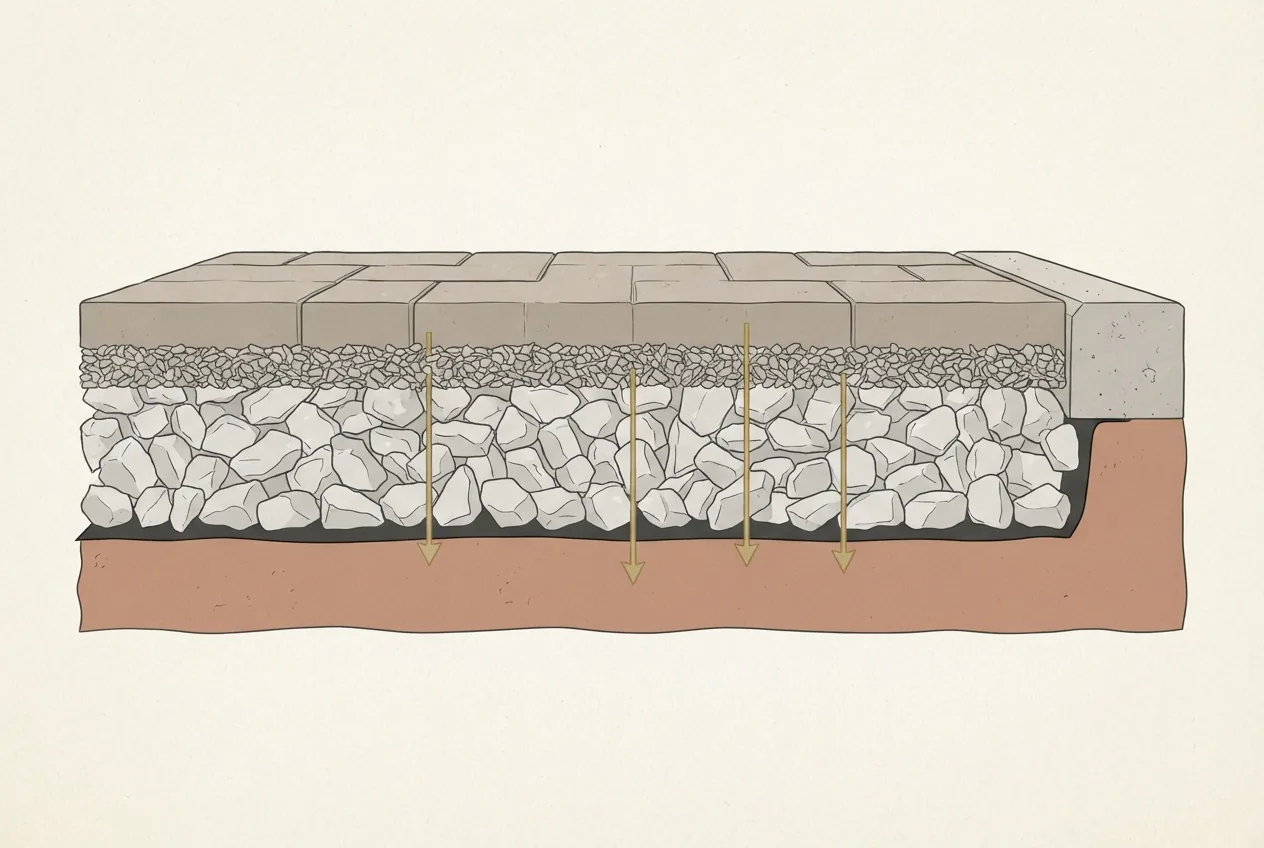 Cross-section of an open-graded paver base, clean #57 stone over geotextile fabric