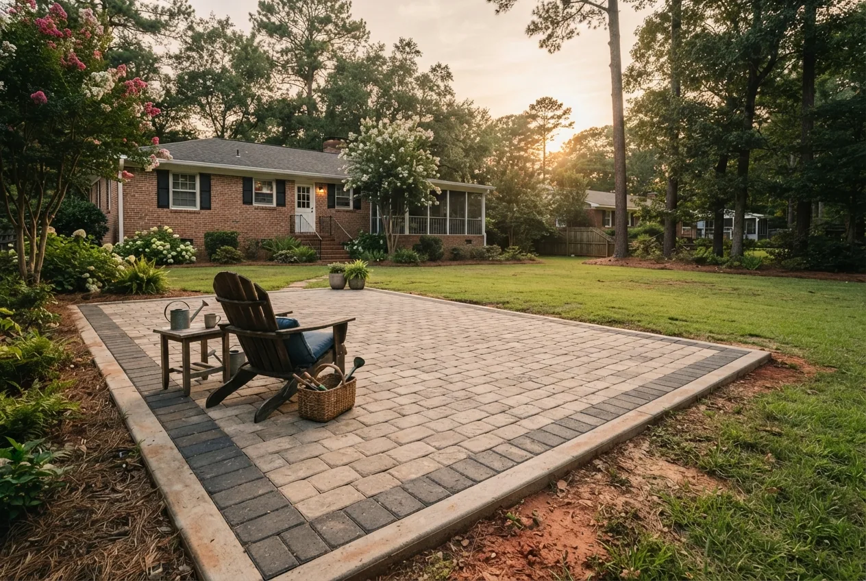 A finished paver patio in a Midlands backyard, set on an open-graded base