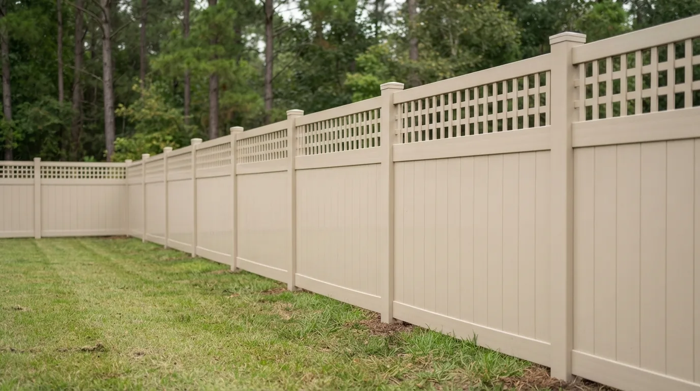 Sand-coloured vinyl privacy fence with an open lattice top section along a Midlands back yard