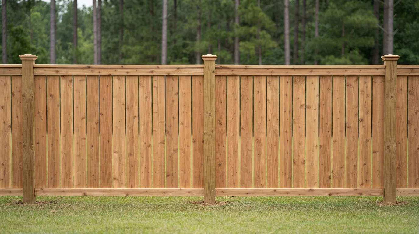 Framed wood privacy fence section showing the top cap, the cap trim beneath it, the side caps and the bottom runner rail
