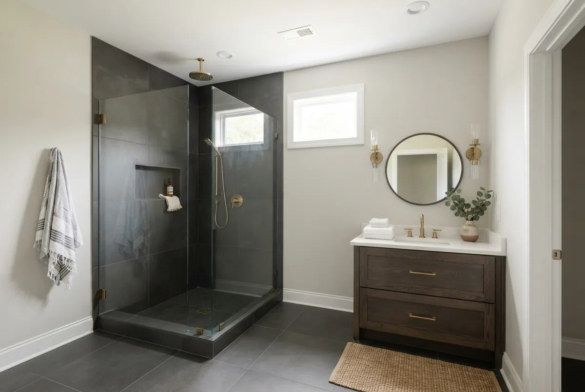 Tiled walk-in shower with a glass enclosure
