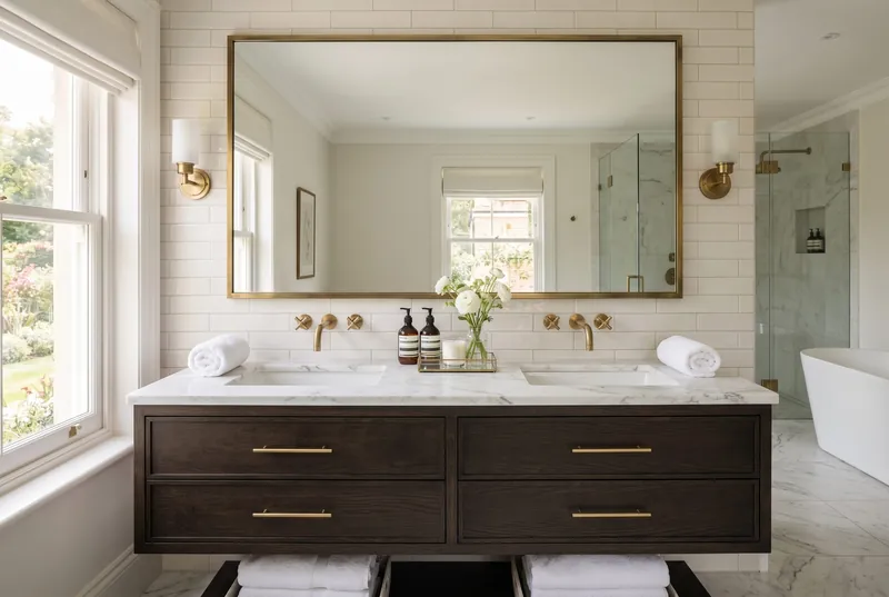 Finished vanity and fixtures in a remodeled bathroom