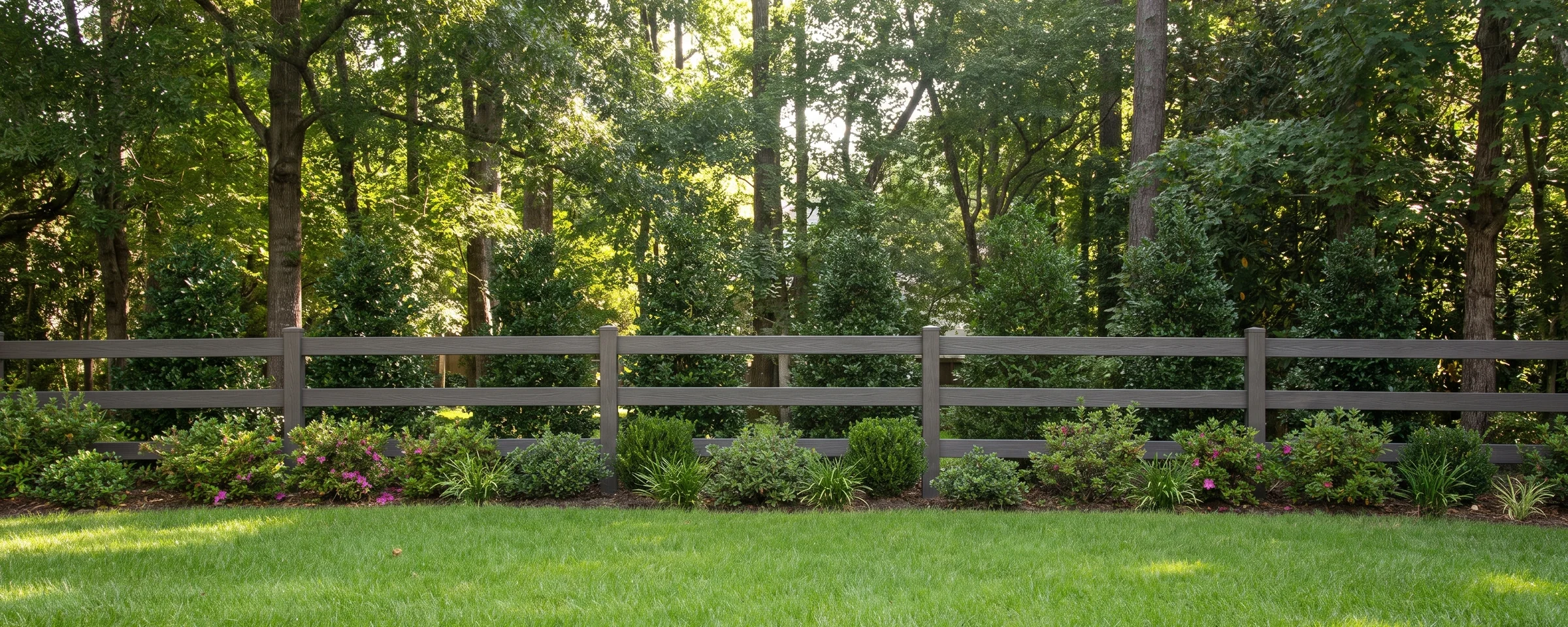 Coronado vinyl ranch rail fence in a Columbia, SC backyard