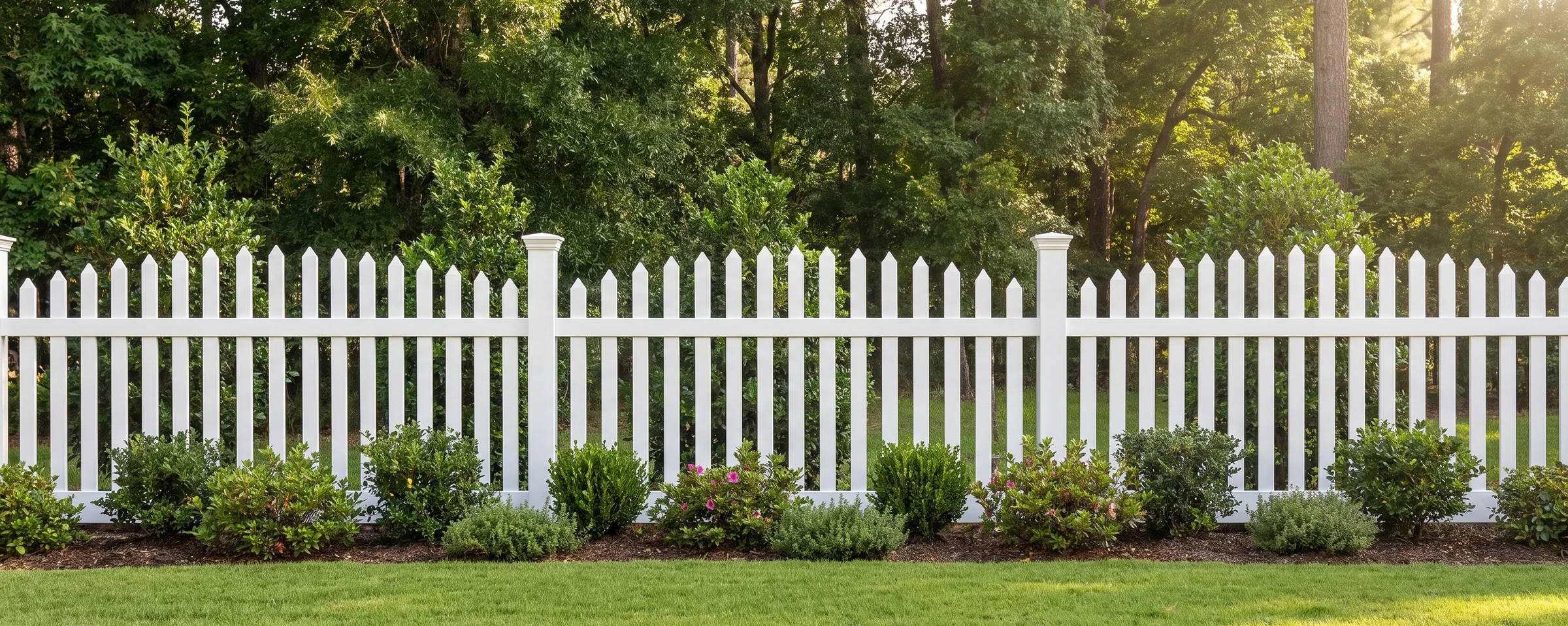 Nantucket vinyl picket fence in a Columbia, SC backyard
