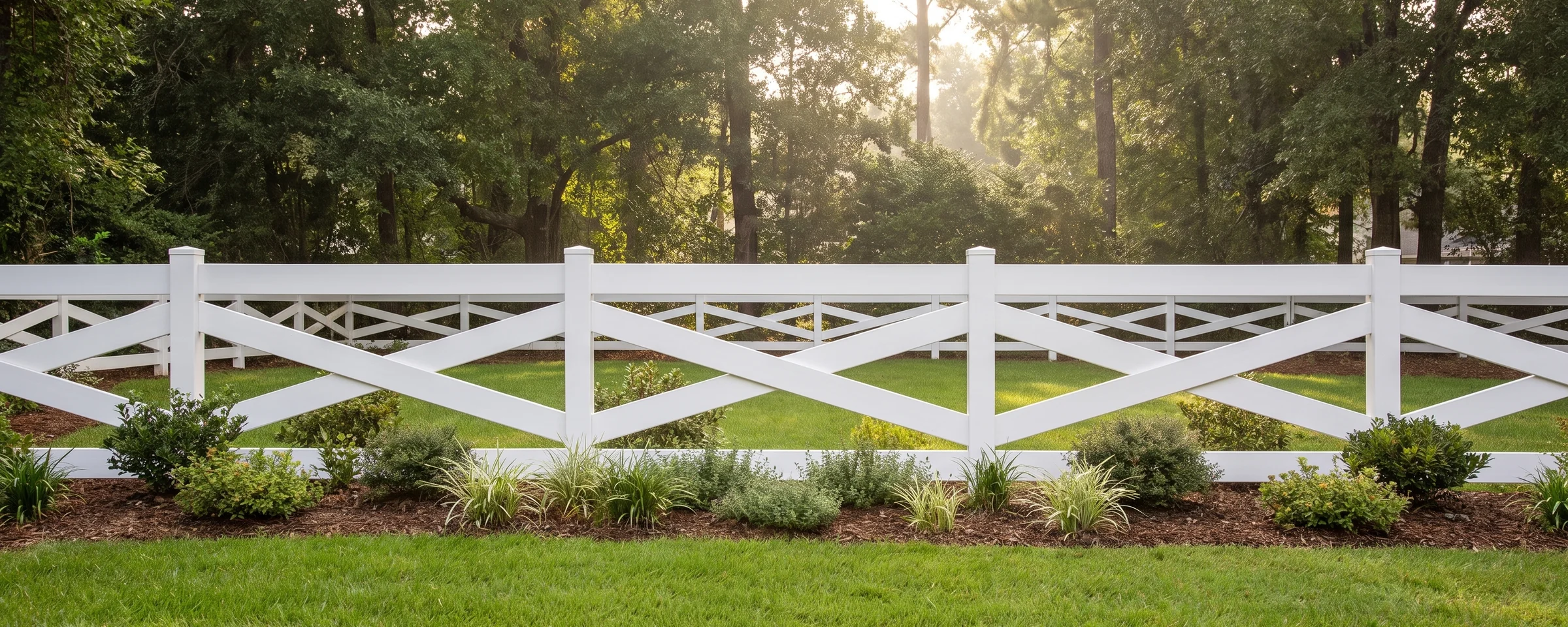 Sedona vinyl ranch rail fence in a Columbia, SC backyard