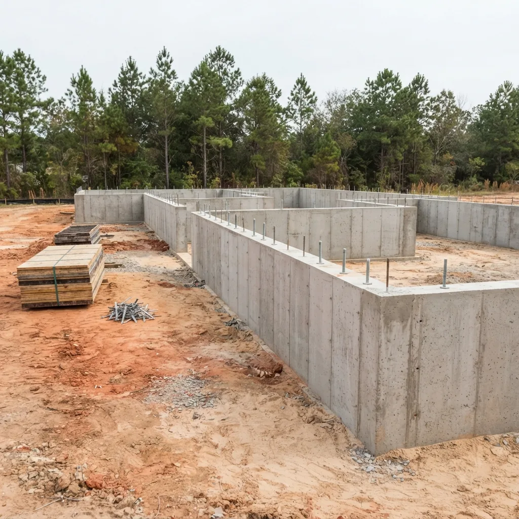 Cast-in-place foundation stem walls with the forms stripped and anchor bolts set, Columbia SC