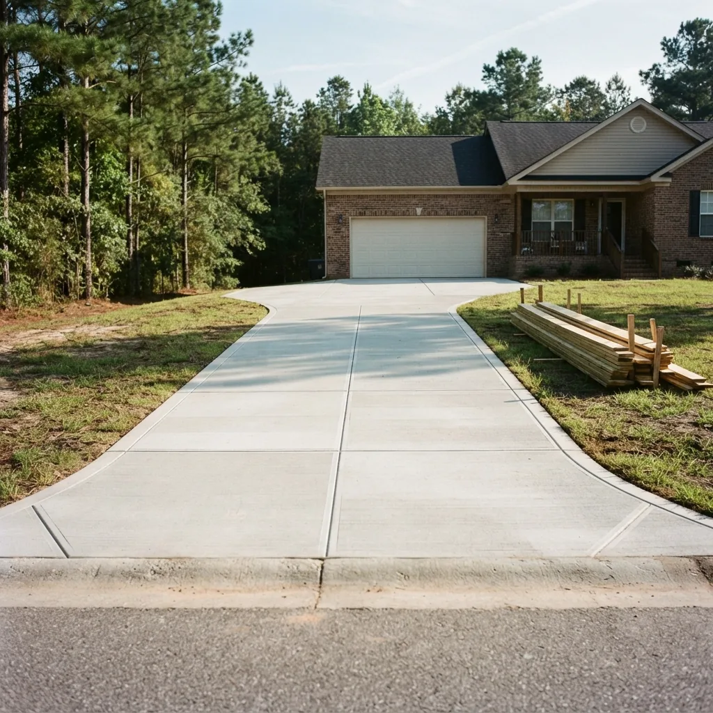 Finished concrete driveway running from the street apron up to the garage of a Midlands home
