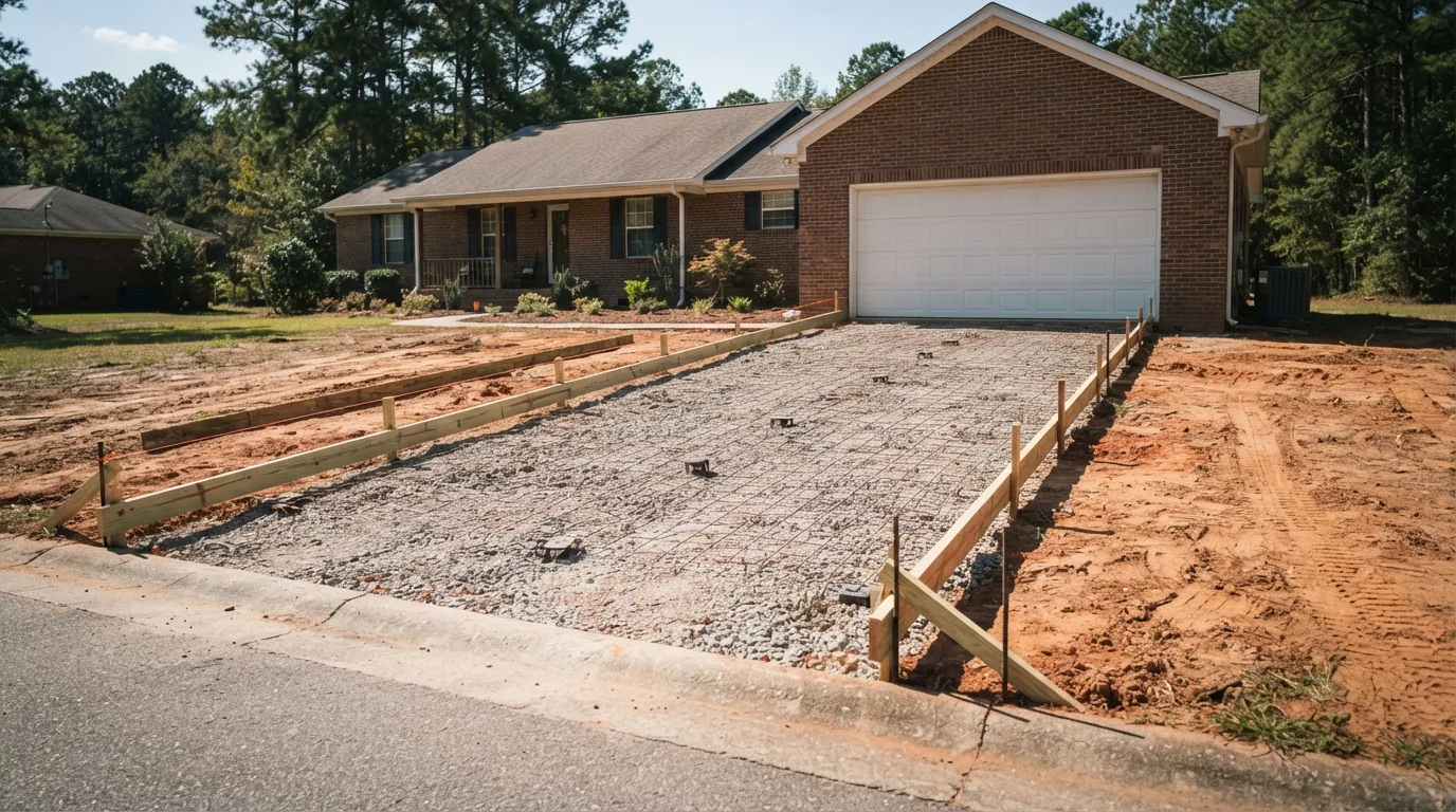 Residential concrete driveway formed with wire mesh on chairs, ready for the pour in Irmo SC