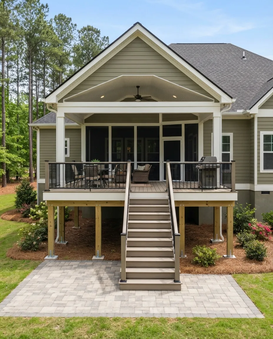 Covered deck with a screened porch bay stepping down to a paver patio in Columbia SC