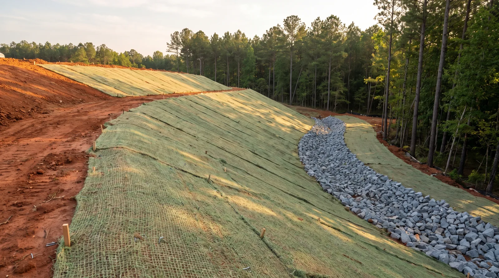 Riprap-lined drainage swale carrying runoff away from a Midlands home