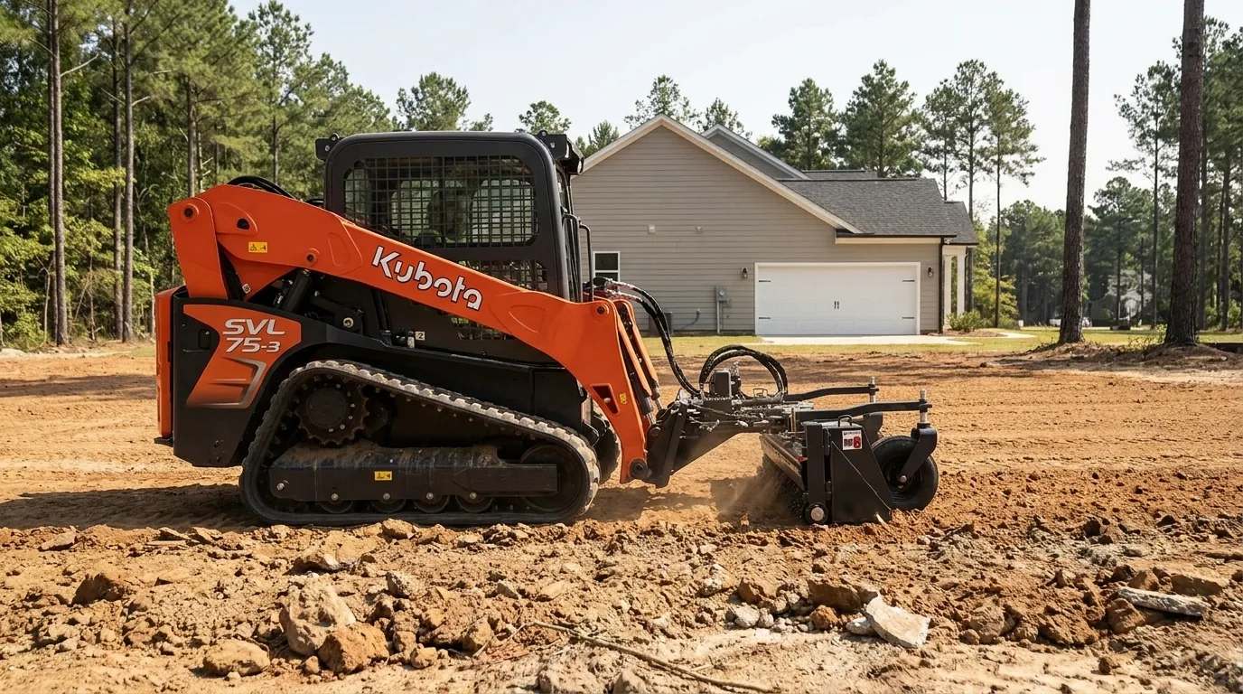 Track loader running a power box rake to finish the grade at a new home in Irmo SC