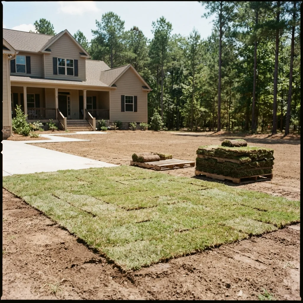 Pallets of sod staged on a finish-graded yard with the first run already laid at a new Midlands home