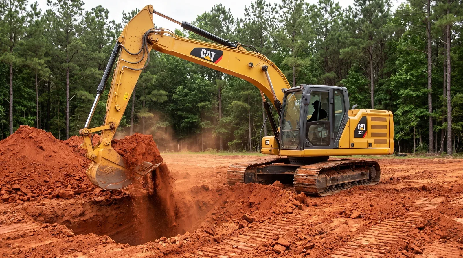 Excavator digging a foundation trench on a Columbia SC lot