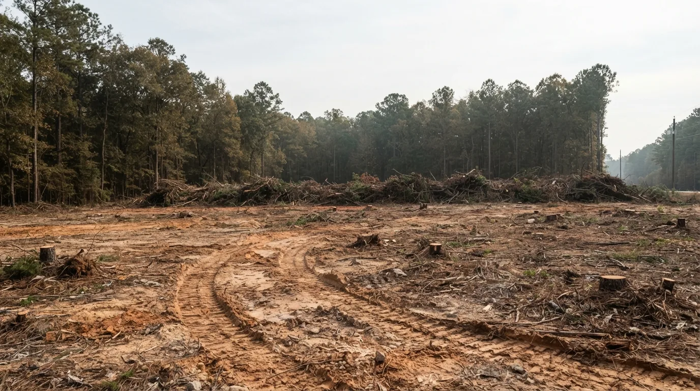 Half-cleared wooded lot with brush windrows and cut stumps in Columbia SC