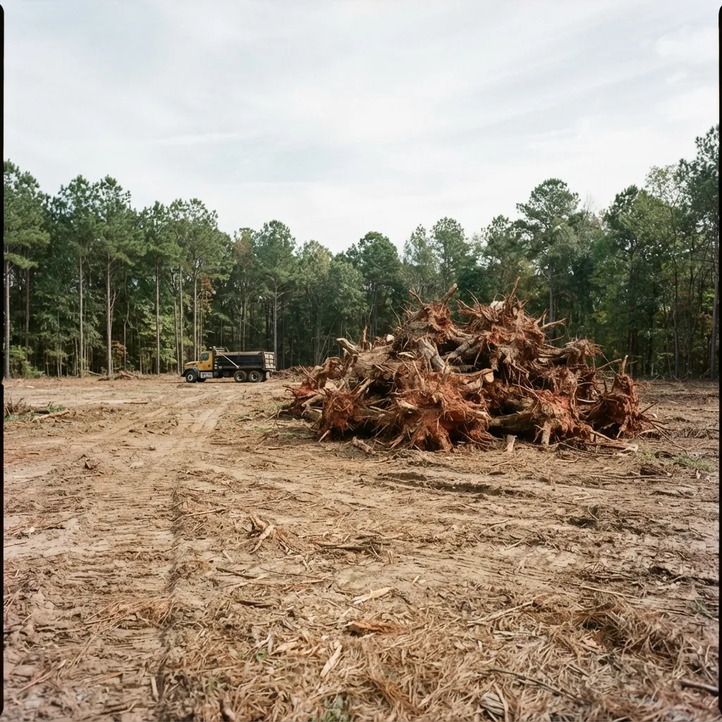Grubbed pine stumps piled for haul-off with a dump truck waiting on a cleared Midlands lot