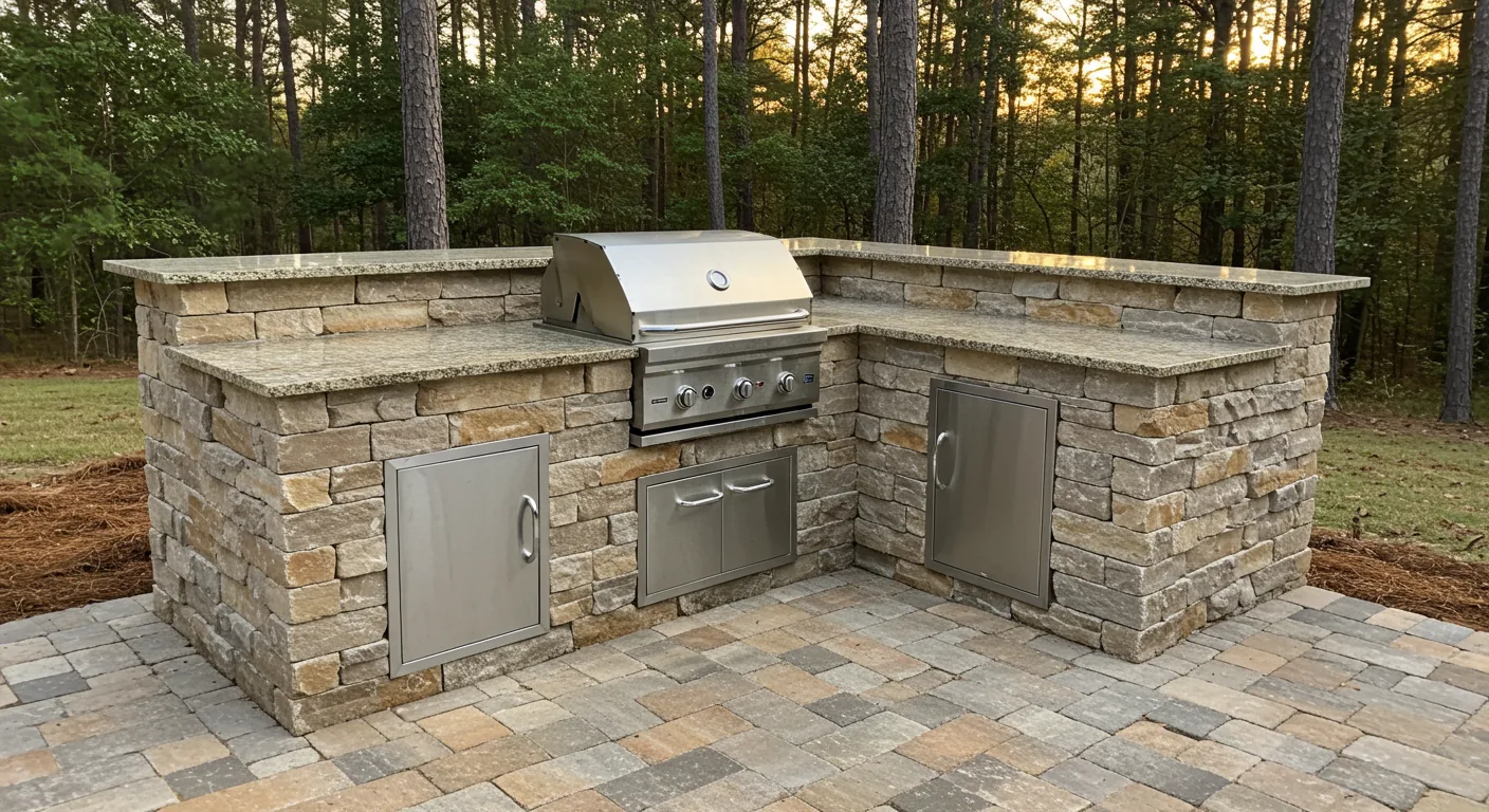 Masonry outdoor kitchen with a built-in grill and stone-veneer island, Columbia SC