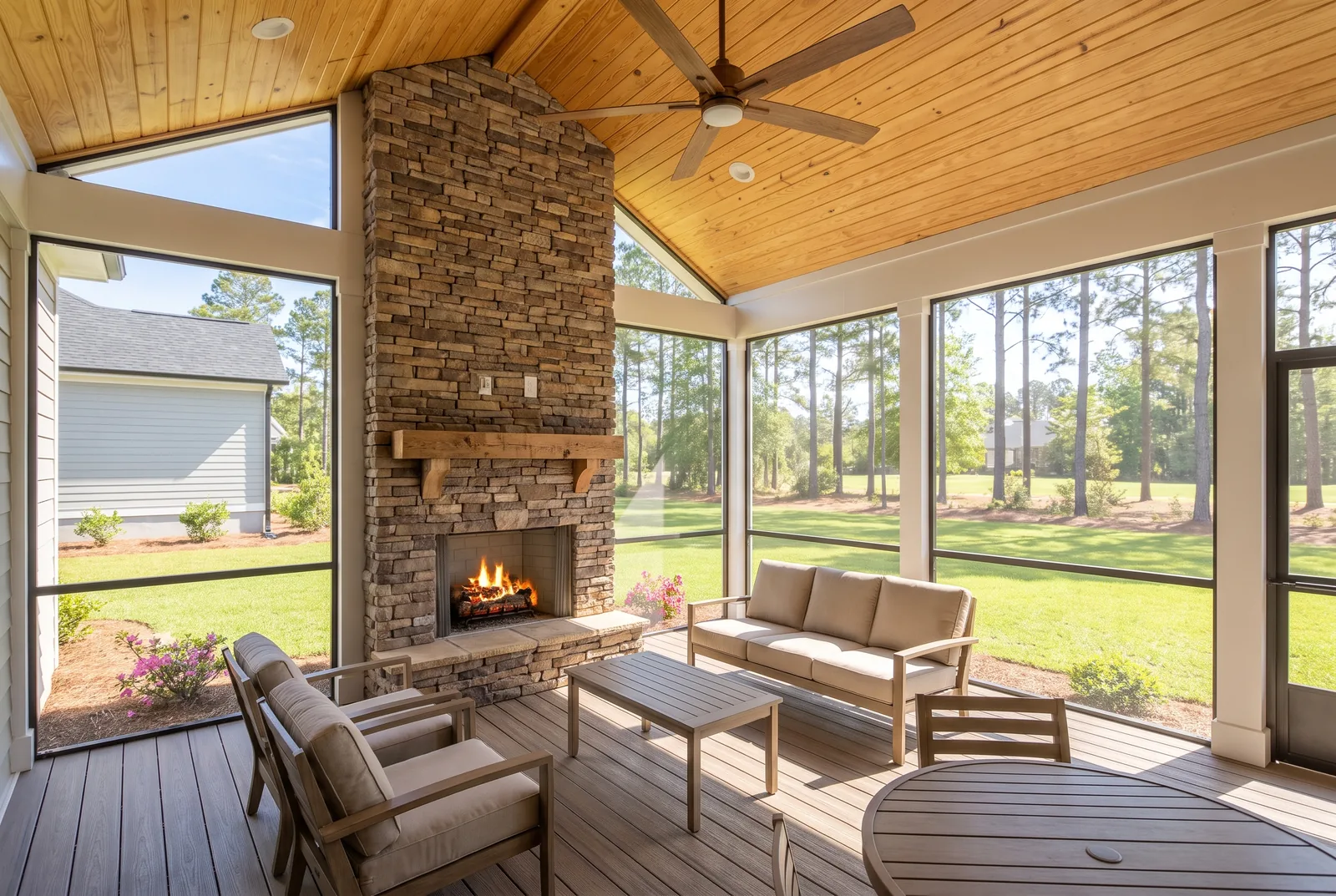 Screened porch build with an outdoor fireplace