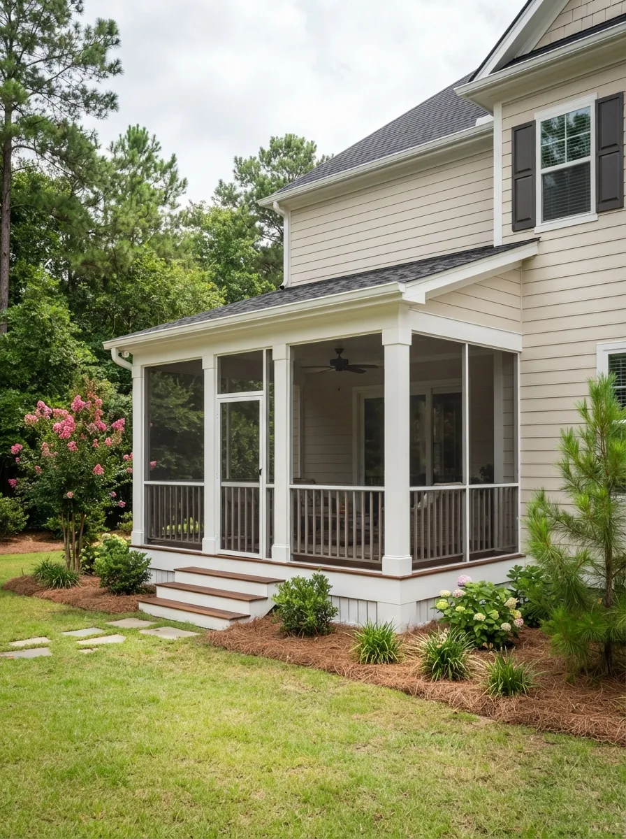 Screened porch roof tied into the house wall with step flashing, Columbia SC