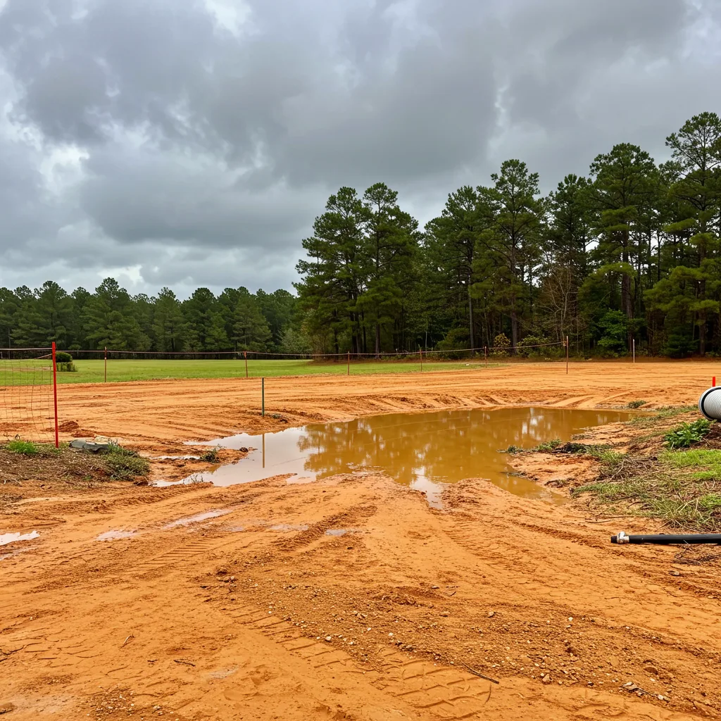 Red clay subgrade on a Midlands site before concrete work