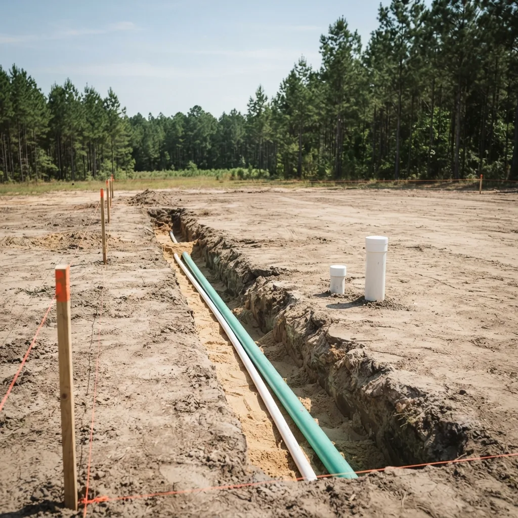Water and sewer lines roughed into an open trench with capped stub-ups on a build-ready pad