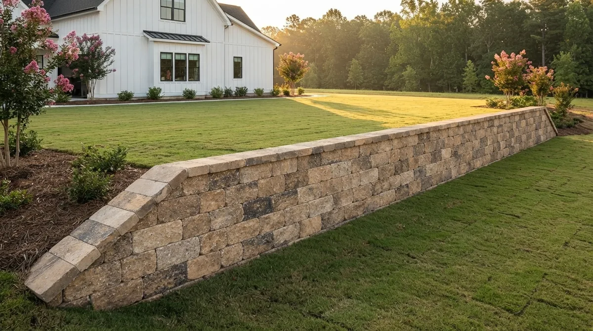 Segmental block retaining wall turning a slope into level backyard lawn