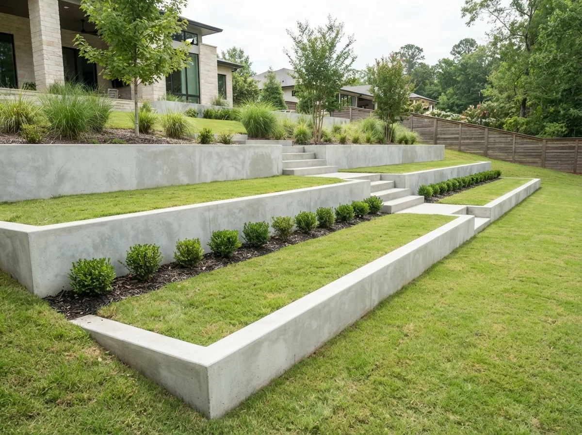 Poured concrete retaining wall holding a graded slope in Columbia SC