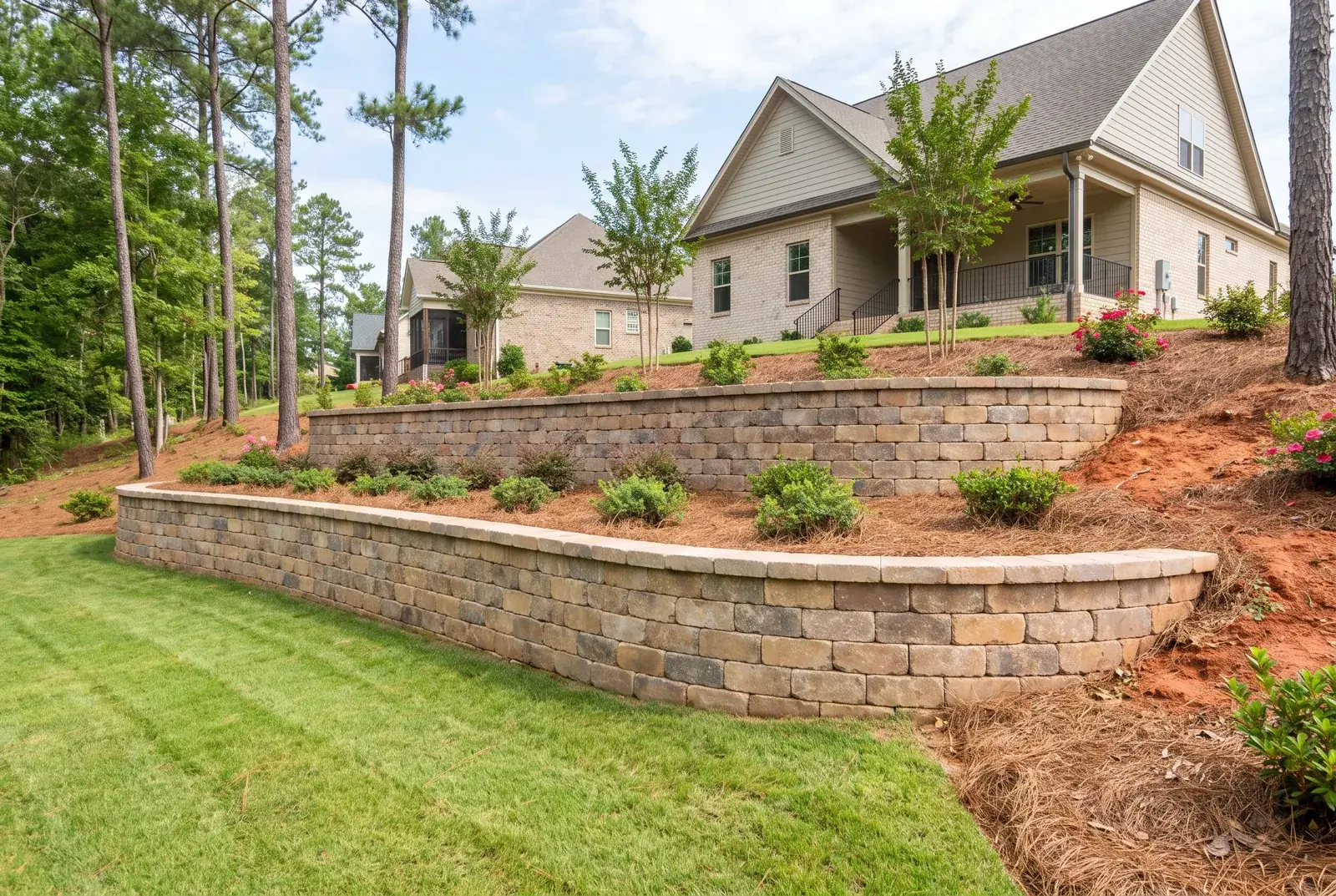 Terraced retaining walls stepping up a slope