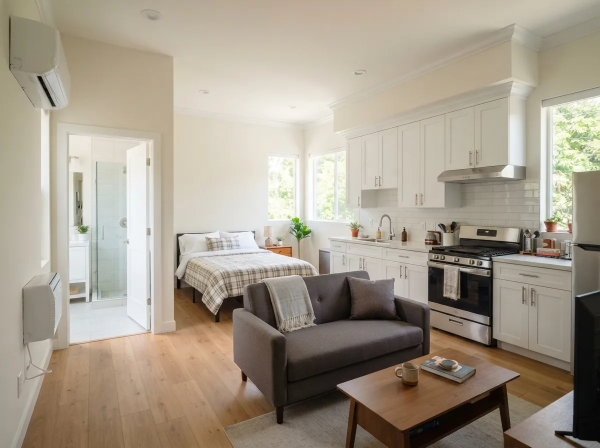 Open-plan ADU interior with kitchen, living and sleeping space in one room