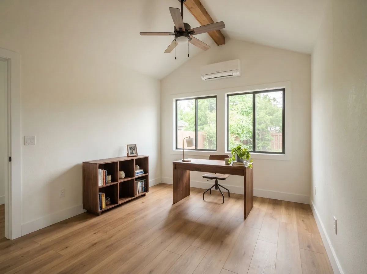 Finished interior of a detached backyard office with a desk and mini-split