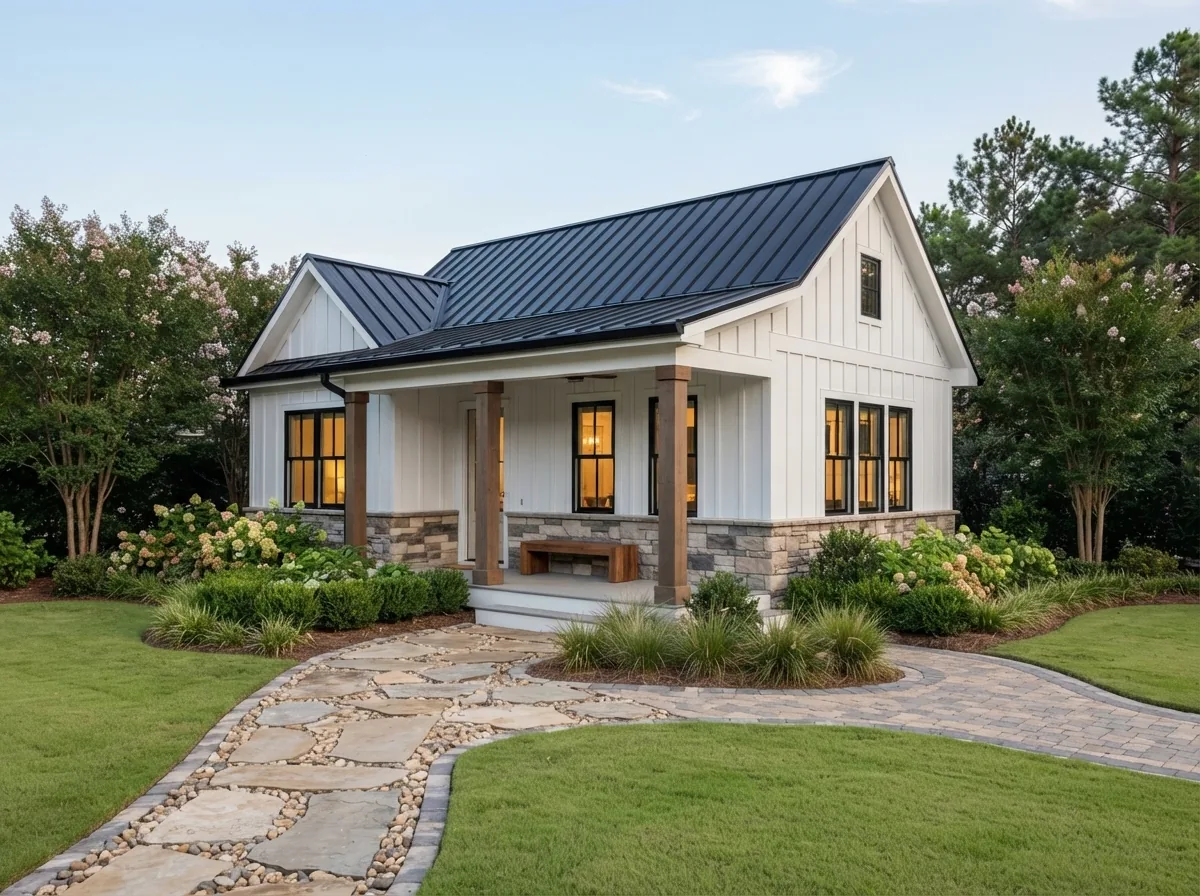 Detached backyard studio in white board-and-batten with a covered porch