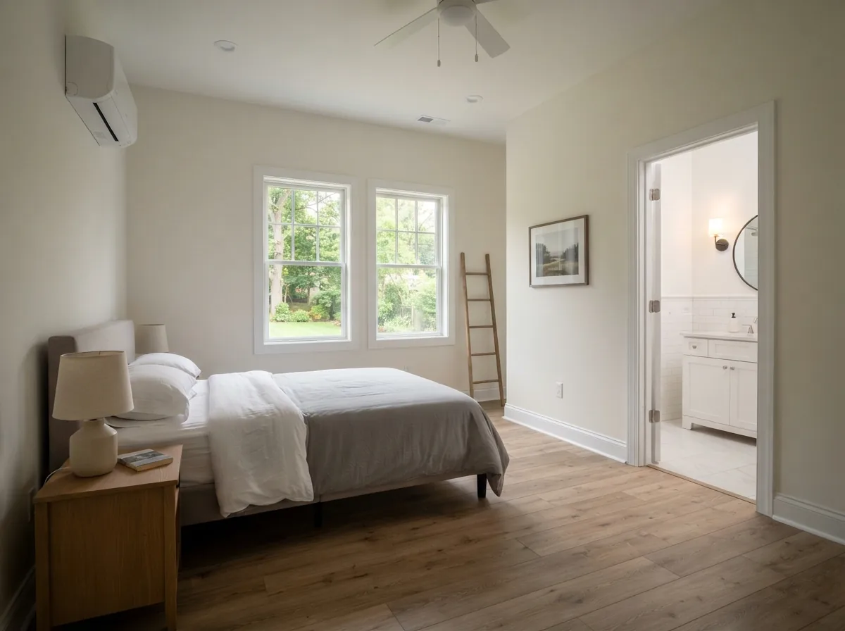 Guest suite interior with a bed and an open door to a tiled full bath
